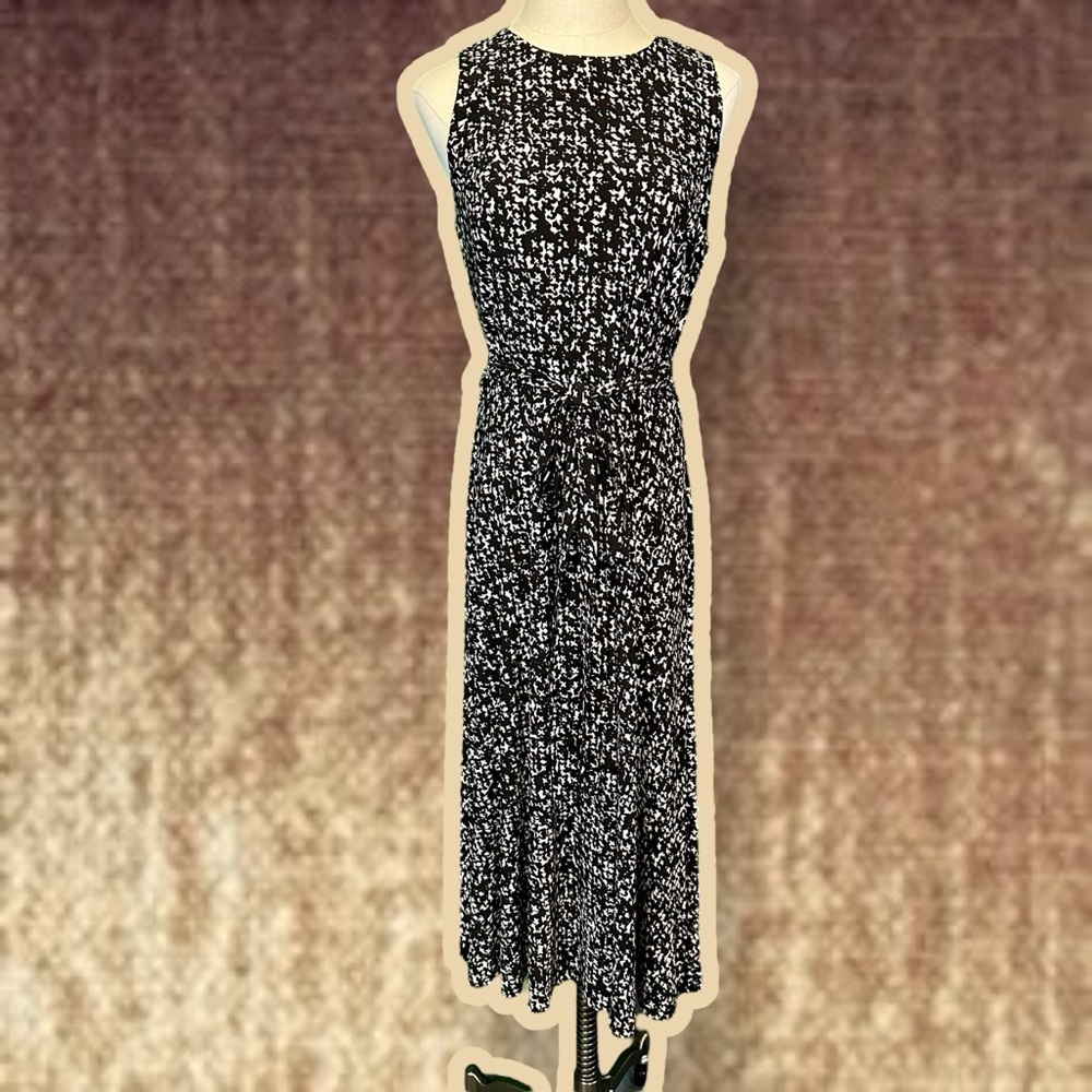 Lauren Ralph Lauren Black & White Crosshatch Print Jersey Knit Belted Dress Sz 8